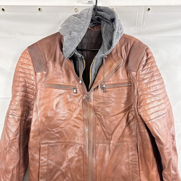 Gian Mori Leather Jacket Mens 3XL Sheepskin Moto Quilted Hooded Brown Zip Biker - Picture 2 of 16